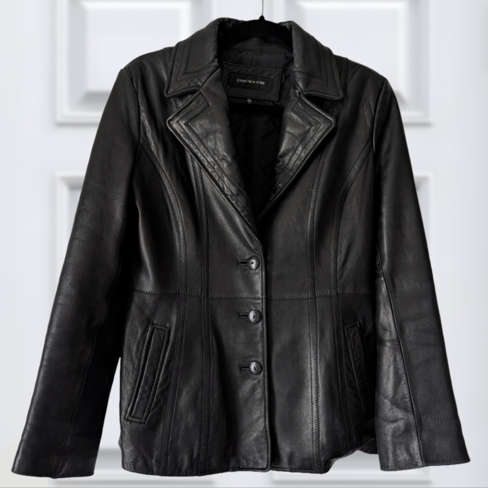 Jones New York Women's Black Leather Jacket Blazer Size Medium